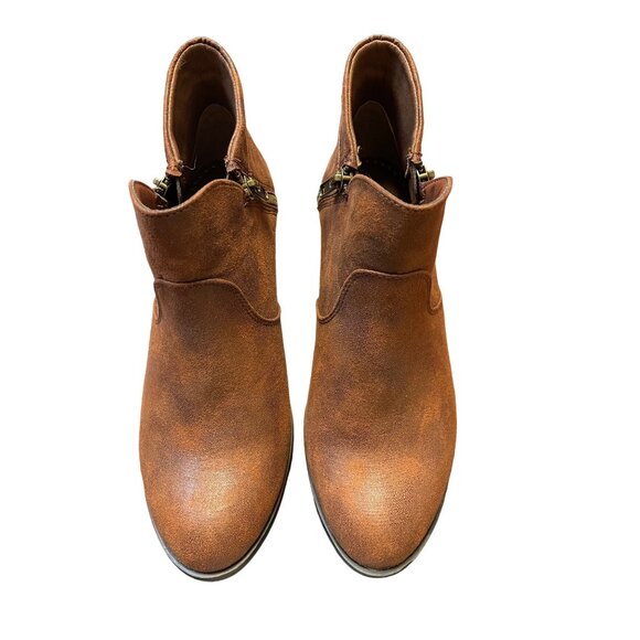 SUN + STONE Abby Double Zip Round Toe Block Heel Booties Chocolate 8.5 - Picture 6 of 7